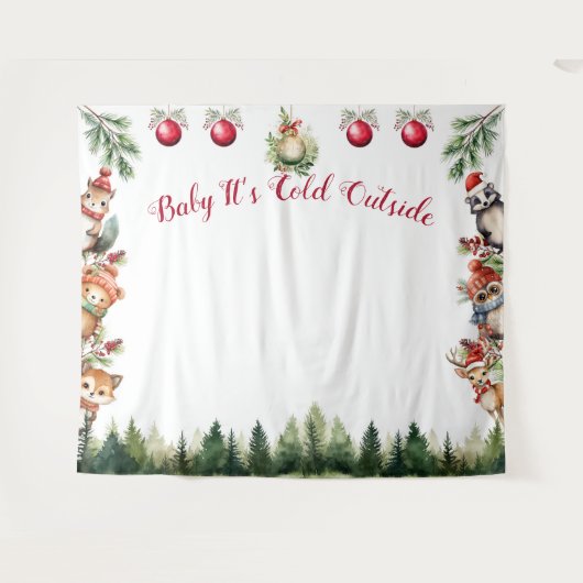 クリスマスの森の動物 赤ちゃん 寒い タペストリー (正面(横))