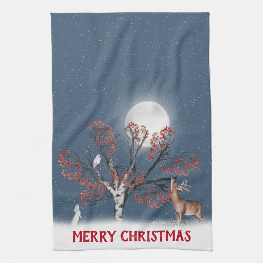 クリスマスの森の生き物と月 キッチンタオル (縦)