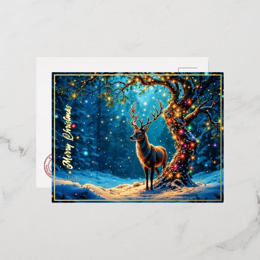 クリスマスの森の雪の輝き 箔招待状ポストカード (正面/裏面)
