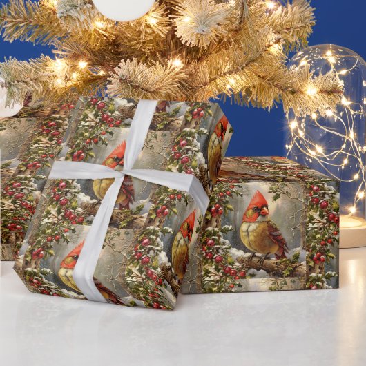 クリスマスの森 ヒイラギの実、鳥、冬 ラッピングペーパー (クリスマス)
