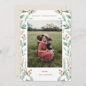 クリスマスの植物と花のグリーン写真カード 招待状 (正面/裏面)