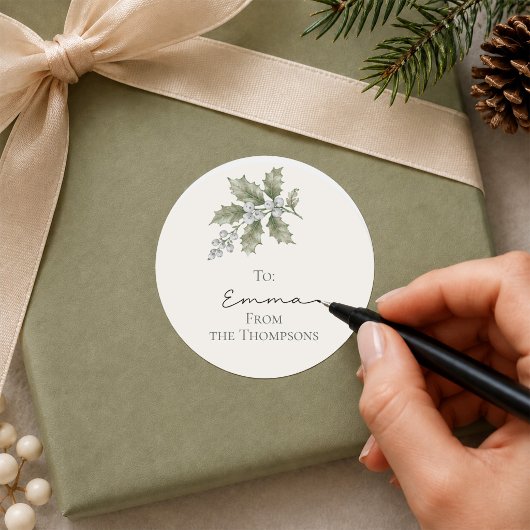 クリスマスの植物グリーンイラスト上品 ラウンドシール