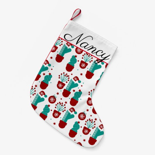 クリスマスの植物サボテンの緑の白さ スモールクリスマスストッキング (正面 (吊り時))