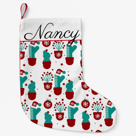 クリスマスの植物サボテンの緑の白さ スモールクリスマスストッキング (正面)