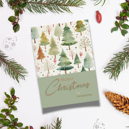 クリスマスの植物画 グリーン ブラウン 水彩画の木々 シーズンカード