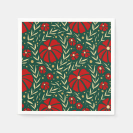 クリスマスの植物画 レッド&グリーンフローラル スタンダードカクテルナプキン