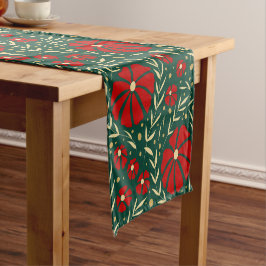 クリスマスの植物画 レッド+グリーン フラワー ショートテーブルランナー