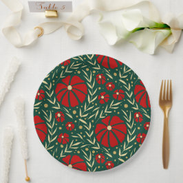クリスマスの植物画 レッド&グリーン フローラル ペーパープレート