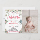 クリスマスの楽しいお誕生日フラワーフォト 招待状 (正面)