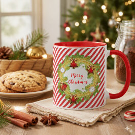 クリスマスの楽しいリース 赤いストライプ マグカップ