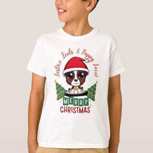 クリスマスの楽しい子犬のそり キッズ向けホリデー Tシャツ (正面)