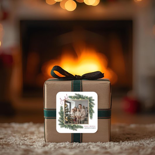 クリスマスの楽しい家族写真ステッカー スクエアシール