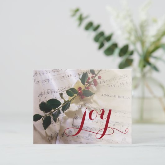 クリスマスの楽譜の上にホリーの枝 シーズンポストカード (スタンド正面)