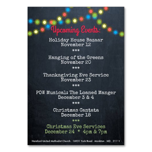 クリスマスの次のイベント教会テーブルカード テーブルナンバー (裏面)