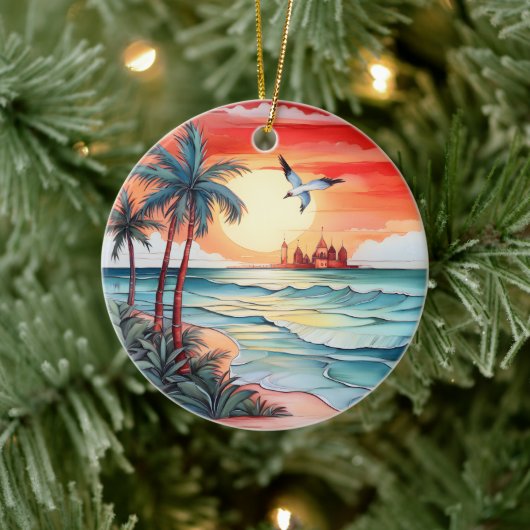 クリスマスの水の色のビーチシーンの追加メッセージ セラミックオーナメント (ツリー)