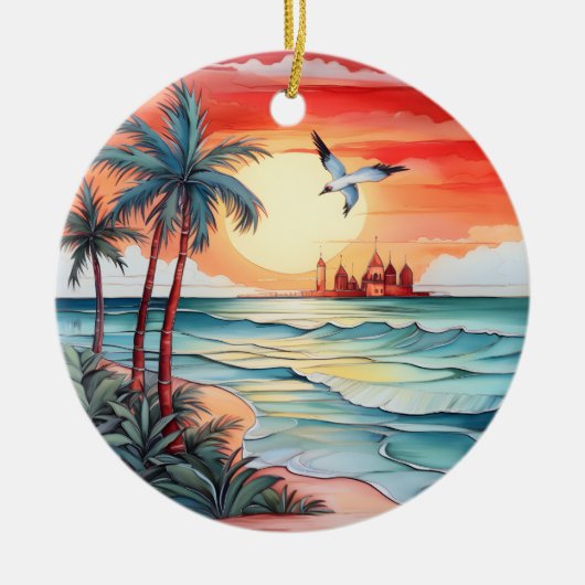 クリスマスの水の色のビーチシーンの追加メッセージ セラミックオーナメント (正面)