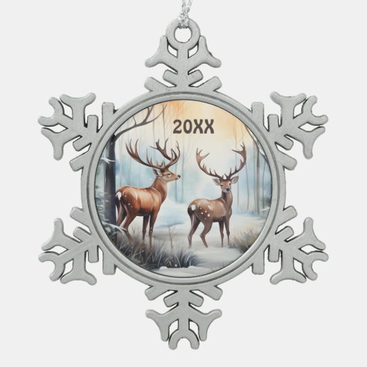 クリスマスの水の色の鹿の年を追加 スノーフレークピューターオーナメント (正面)