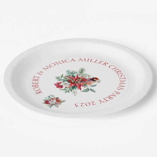 クリスマスの水は花葉や鳥を彩る ペーパープレート (アングル)