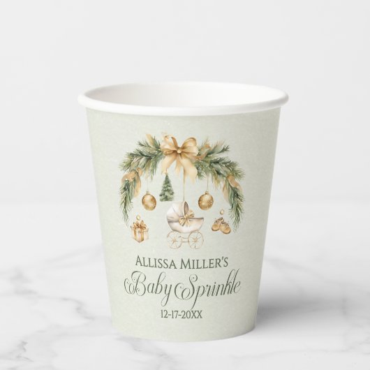 クリスマスの水彩グリーナリー 冬のベビースプリンクル 紙コップ (正面)