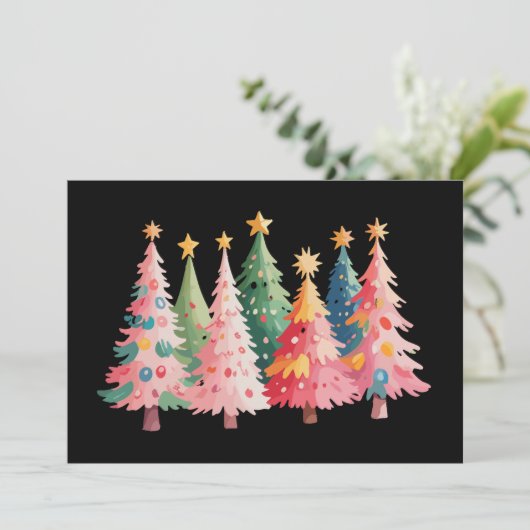 クリスマスの水彩ツリーが可愛いピンクのXmas シーズンカード (スタンド正面)