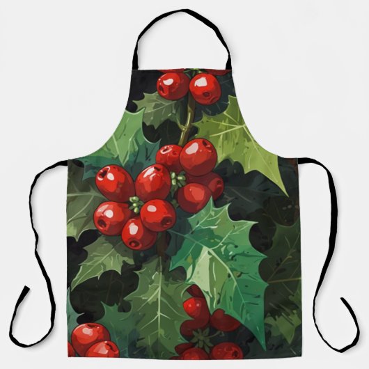 クリスマスの水彩ホーリーベリーの葉の植物画  エプロン (正面)