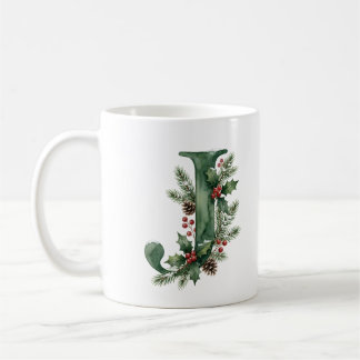 クリスマスの水彩植物画モノグラム J コーヒーマグカップ