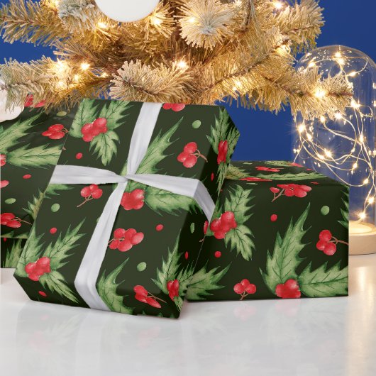 クリスマスの水彩画のヒイラギの実と葉 ラッピングペーパー (クリスマス)