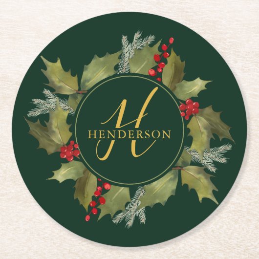 クリスマスの水彩画のモノグラムの原稿のヒイラギのリース ラウンドペーパーコースター (正面)