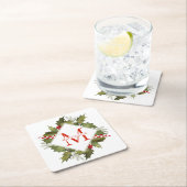 クリスマスの水彩画の大きいモノグラムのヒイラギのリース スクエアペーパーコースター (インサイチュ)