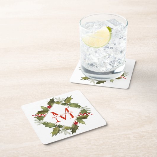クリスマスの水彩画の大きいモノグラムのヒイラギのリース スクエアペーパーコースター (インサイチュ)