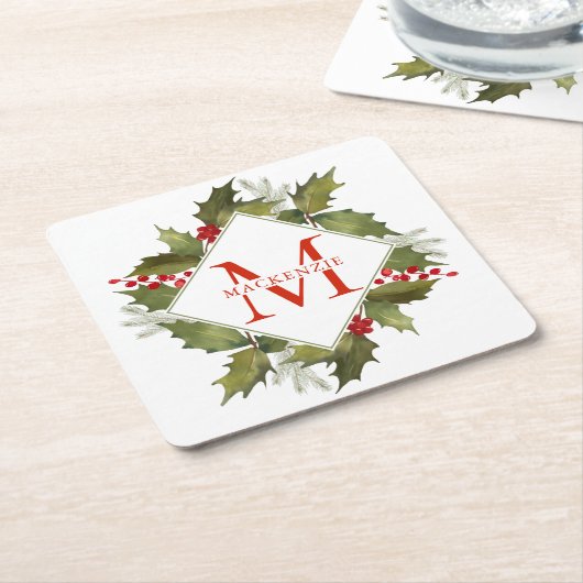 クリスマスの水彩画の大きいモノグラムのヒイラギのリース スクエアペーパーコースター (アングル)