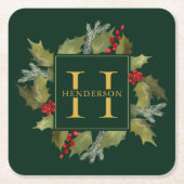 クリスマスの水彩画の大きいモノグラムのヒイラギのリース スクエアペーパーコースター (正面)