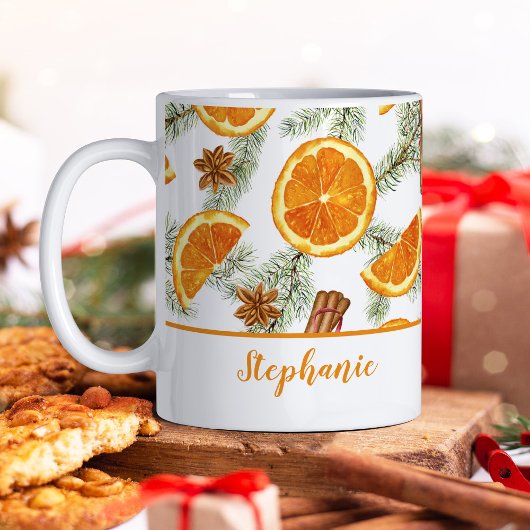クリスマスの水彩画の柑橘類 オレンジのフルーツ 名前入れギフト コーヒーマグカップ