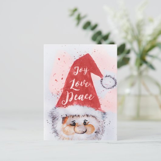 クリスマスの水彩画サンタクロース"喜び愛平和" シーズンポストカード (スタンド正面)