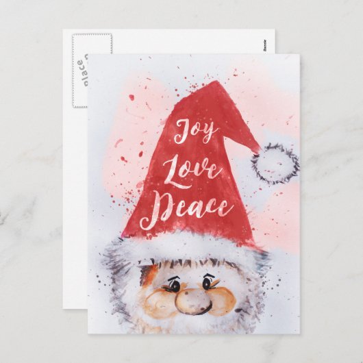 クリスマスの水彩画サンタクロース"喜び愛平和" シーズンポストカード (正面/裏面)