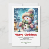 クリスマスの水彩画風の雪だるまのイラスト入りグリーティングカード シーズンカード (正面)
