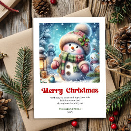 クリスマスの水彩画風の雪だるまのイラスト入りグリーティングカード シーズンカード