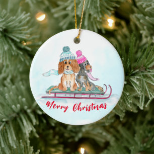 クリスマスの水彩画 キャバリア・キング・チャールズ・スパニエル そり セラミックオーナメント