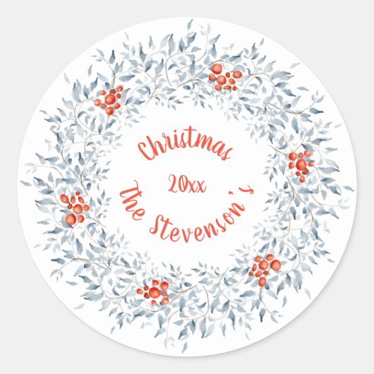 クリスマスの水彩画 タイポグラフィー 赤いホリデー ラウンドシール (正面)