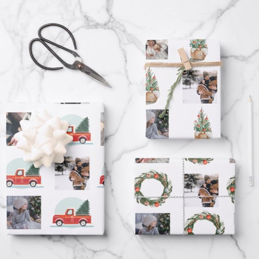 クリスマスの水彩要素とフォトコラージュ ラッピングペーパーシート (正面)