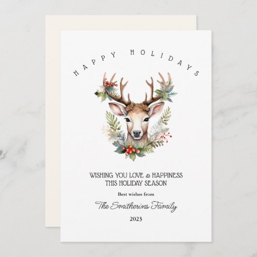 クリスマスの水彩鹿のフラットホリデーカード シーズンカード (正面/裏面)