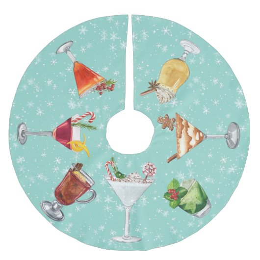 クリスマスの水彩 お祭りのカクテルドリンク ブラッシュドポリエステルツリースカート (正面)