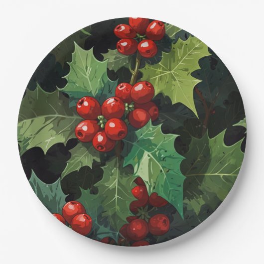 クリスマスの水彩 ホーリーベリーの葉 植物画 ペーパープレート (正面)