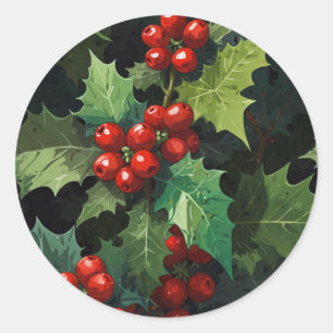 クリスマスの水彩 ホーリーベリーの葉 植物画 ラウンドシール
