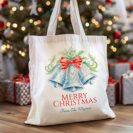 クリスマスの水彩 赤いリボン シルバーベル カスタムデザイン トートバッグ