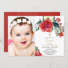 クリスマスの水色のフローラエレガントの写真バプテスマ 招待状