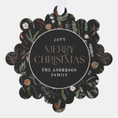 クリスマスの水色の植物性フローラ濃いムーディー オーナメントカード (正面)