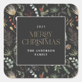 クリスマスの水色の植物性フローラ濃いムーディー スクエアシール (正面)