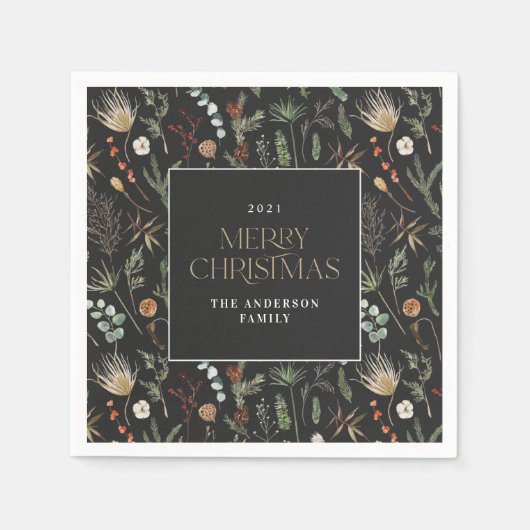 クリスマスの水色の植物性フローラ濃いムーディー スタンダードカクテルナプキン (正面)
