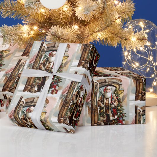 クリスマスの水色サンタと子犬 ラッピングペーパー (クリスマス)